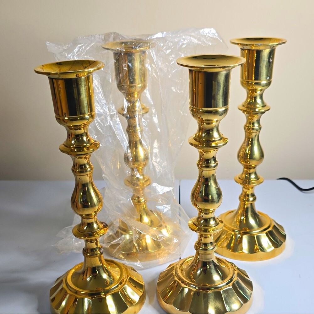 Set of 4 Gold Polished Metal Traditional Candlestick Holders for Taper 12 in